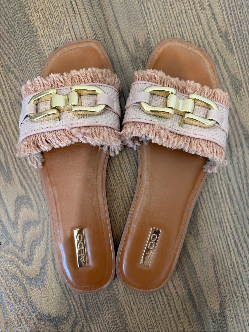 ALDO Blush Pink Fringe Slide Sandals with Gold Chain